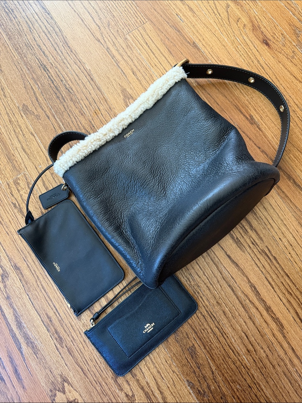 Coach Black Leather Shoulder Bag with Cream Shearling Trim/interior and wallets